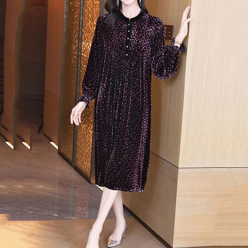 Autumn and Winter Elegant Female 2023 New High End Round Neck Broken Flower Print Petal Long Sleeve Velvet A-line Dresses