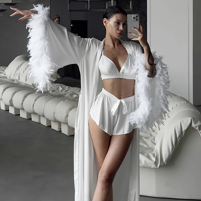 Women's Pajama Long Sleeve Crop Top Loungewear Set V Neck Tie Waist Sleepwear Set Women's With Shorts Feather Trim Pajamas view 3