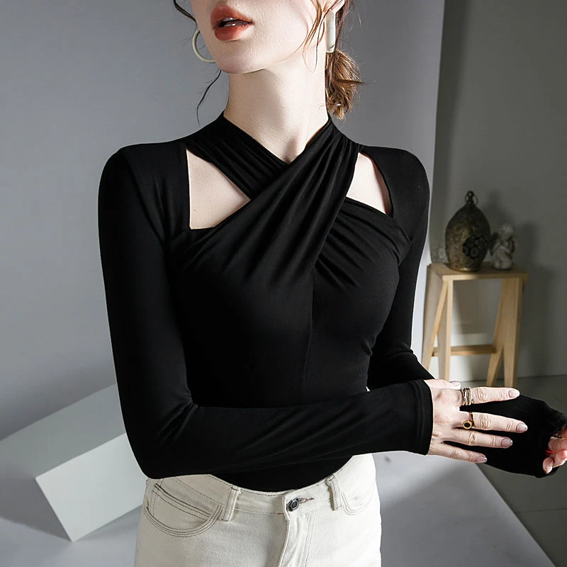 Autumn Winter Sexy Halter Hollow Out Elegant Black Coffee Basic Ladies Tops Fashion Long Sleeve Slim Fit T Shirt Women Clothing