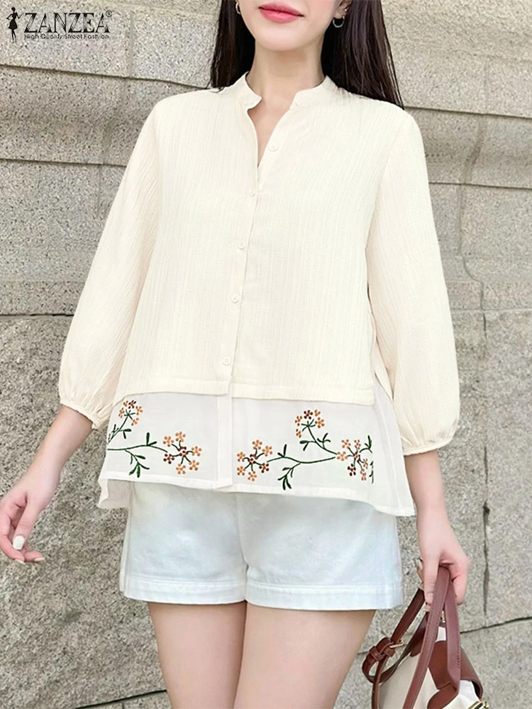 

ZANZEA винтажные топы с цветочным принтом, женская блузка с рукавом 3/4, элегантная лоскутная блузка, Blusas 2025, модные женские туники с круглым вырезом, большие размеры