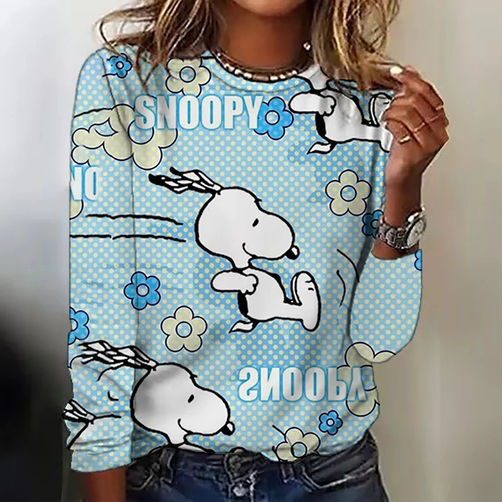 Women\'s Snoopy print long-sleeved tops round neck casual tops 3d printed Cartoon fashion stickers printed women\'s long-sleeved T