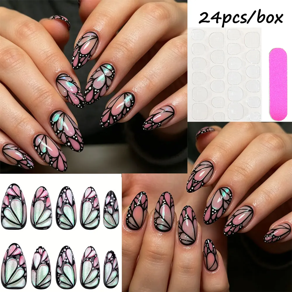 

24pcs Aurora Butterfly Press On Nails Black Outline Pink Gradient Almond False Nails Shimmer Cat Eye Acrylic Nail Tips for Daily