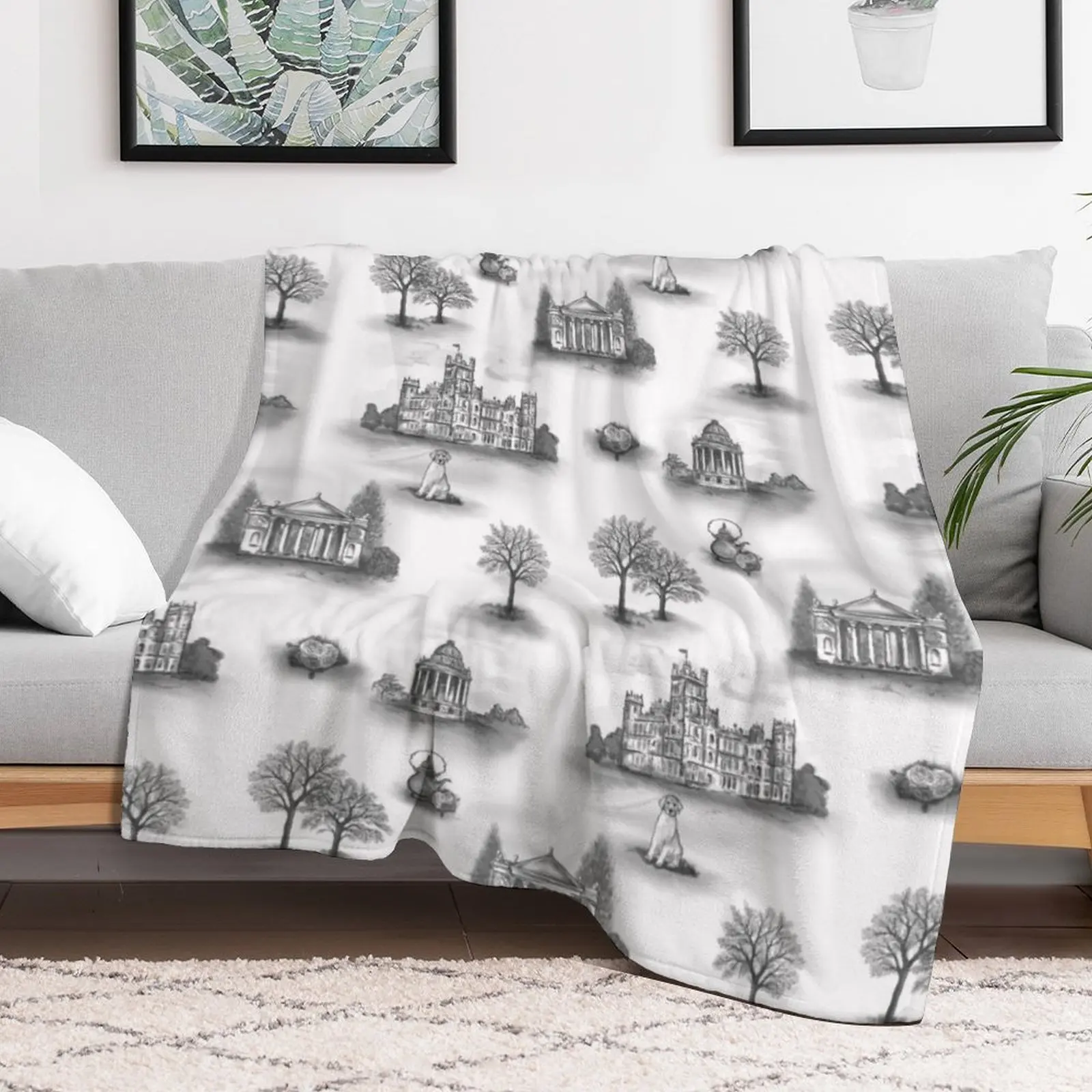 Black and Gray Downton Abbey Toile Throw Blanket For Decorative Sofa Designers Blankets