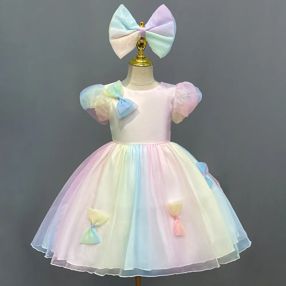 

AmyStylish Little Girls Puff Sleeves Rainbow Tutu Dress Birthday Party Graduation Ceremony Dress with Bowknot