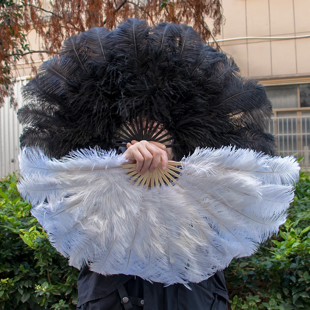 70cmX40cm White Big Ostrich Feather Fan Fluffy 15 Bone Handheld Carnival Dance Stage Performance Feather Fan Plumes DIY Crafts