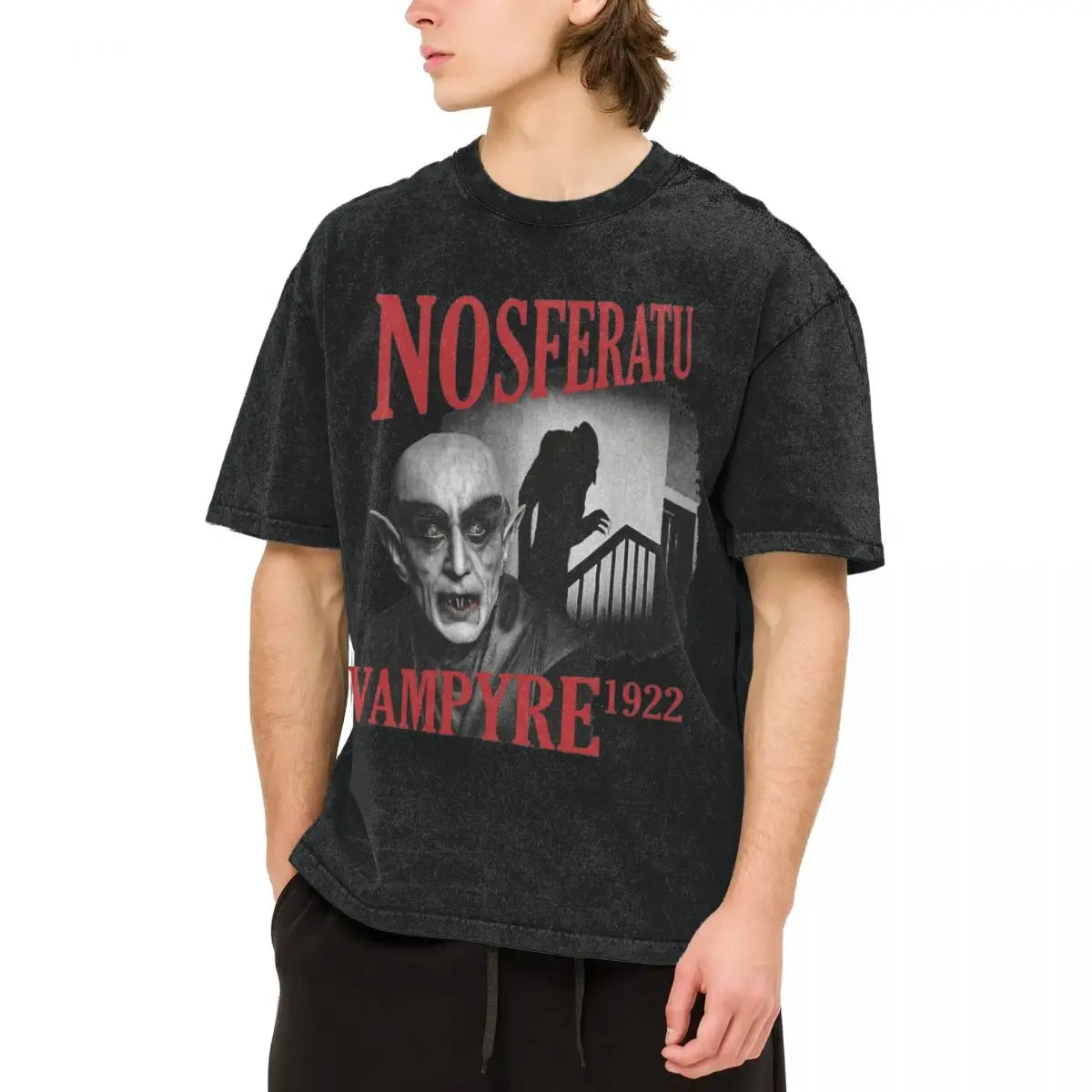 Vintage Washed T-Shirt Halloween Vampyre Nosferatu Cotton T Shirts Hip Hop Tee Shirt for Man Beach Aesthetic Casual Top Tees