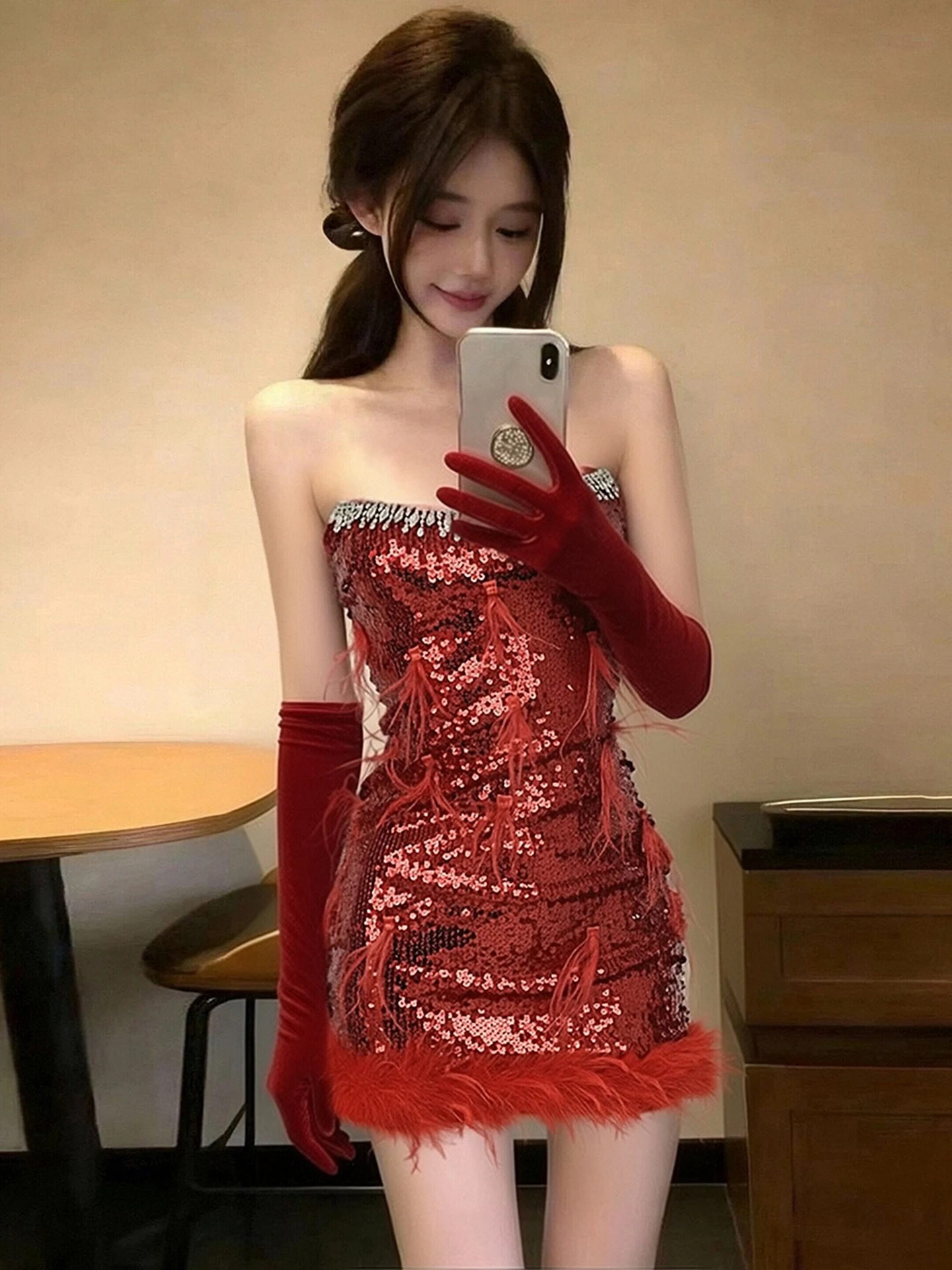 

Red Sequin Heavy Work Allure Dress Spicy Girl Style Short A-Line Skirt High Waist Spring New Women's Fashion Dress