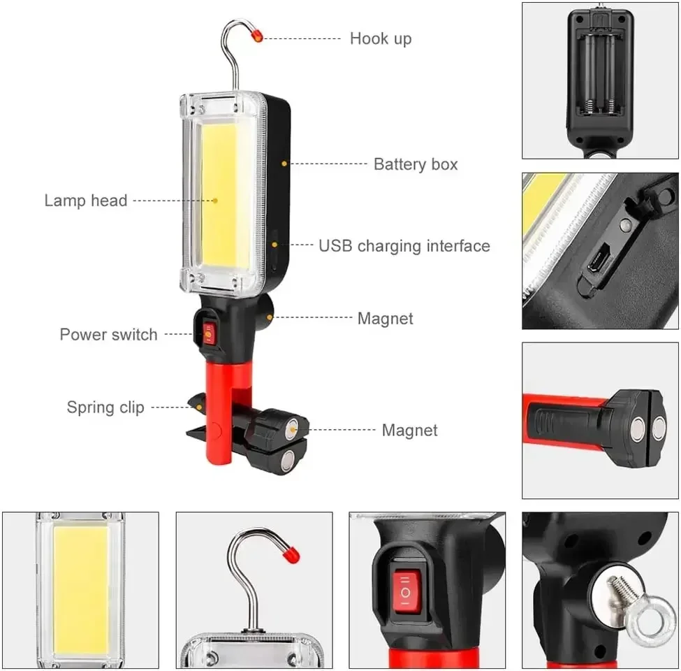 LED Work Light Powerful Portable Lantern Hook Magnet Design Camping Lamp COB USB Rechargeable 18650 Flashlight Torch Waterproof