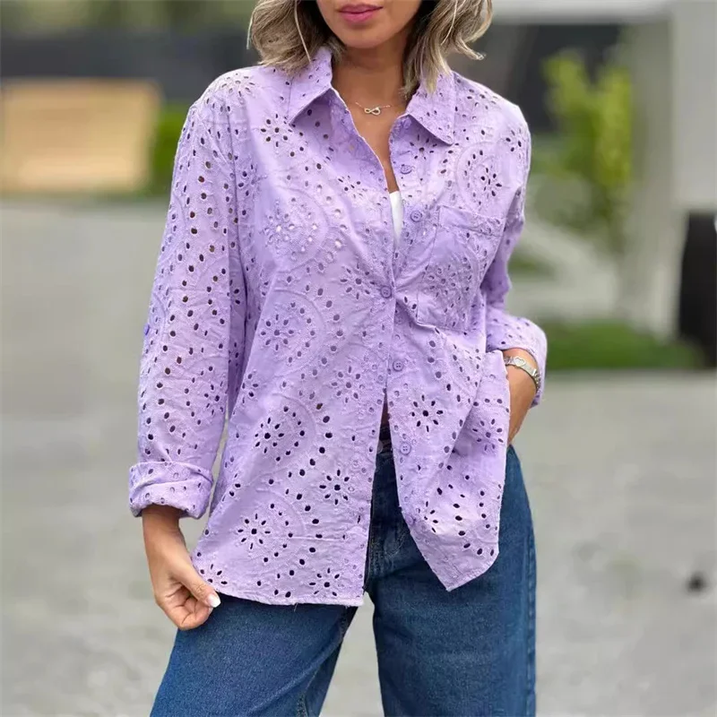 Summer Hollow Out Breathable Shirt Women Lapel Single-breasted Cardigan Blouse Female Commuter Casual Long Sleeve Loose Tops New