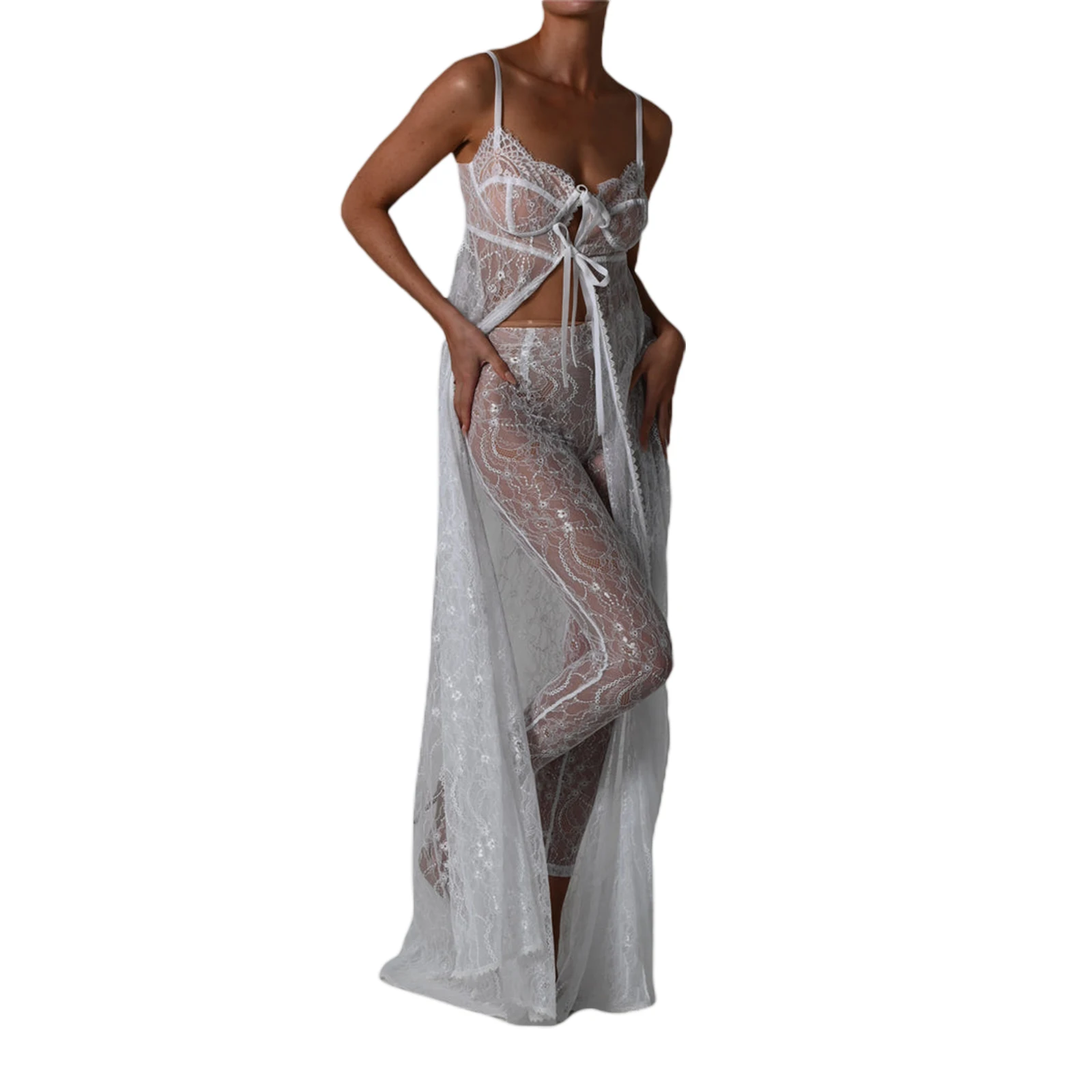 Dameszwembroek Strandbikini Cover Up Pure Mesh Jurk Y 2K Sexy Mouwloze Rug Doorzichtig Hoge Split Kant Maxi Jurk