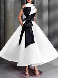 Elegant Formal Evening Dresses Color Block High Neck Sleeveless Ankle Length Satin with Bows Celebrity Style Prom Party Gown