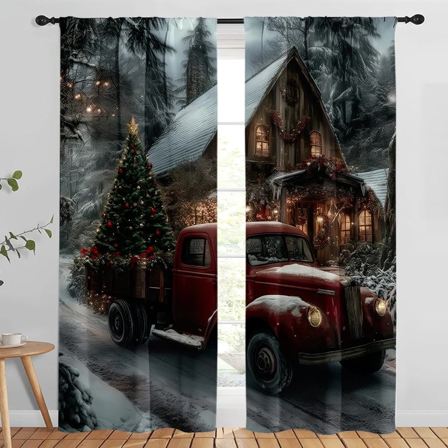 2PCS Digital Print Christmas Curtains, Red Vintage Truck Tree Cabin Forest, Nostalgic Country Window Drapes for Holiday Decor