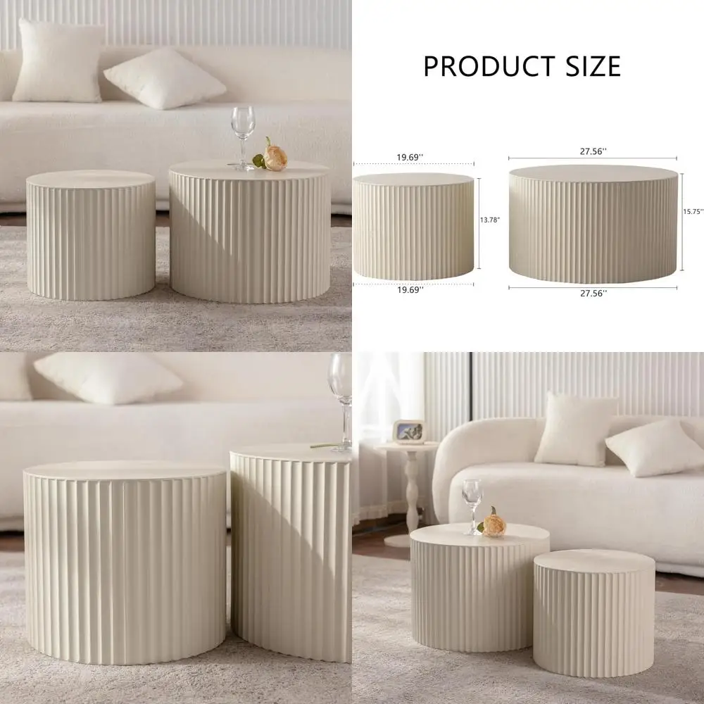 Juego de 2 mesas de centro anidadas redondas con rayas onduladas de madera modernas, centro de mesa con acento de tambor circular Beige