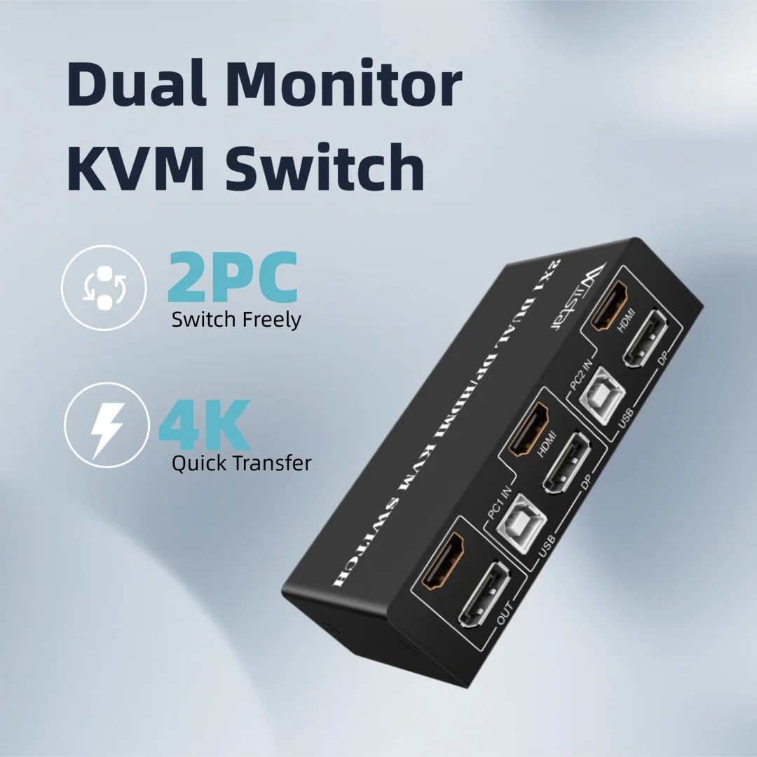 2x1 Dual Monitor KVM Switch HDMI and DP 4K 60Hz 2 PC Control 1 Keyboard Mouse USB Hub for Extended or Mirrored Mode