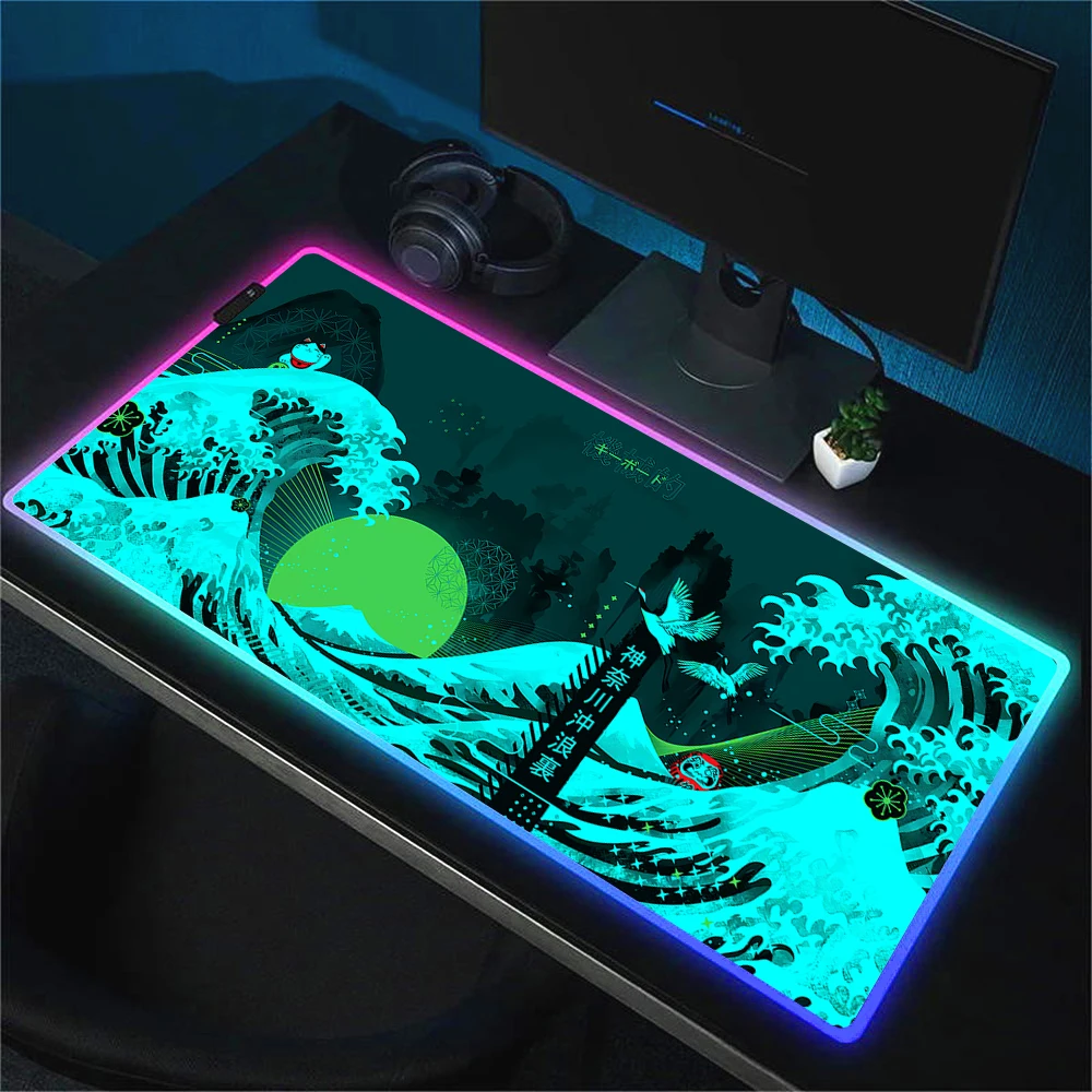 HD Printing The Great Wave off Kanagawa RGB Mouse Pad Large Gaming Keyboard Computer Rubber Mat XL Carpet Backlit Deskmat 90x40