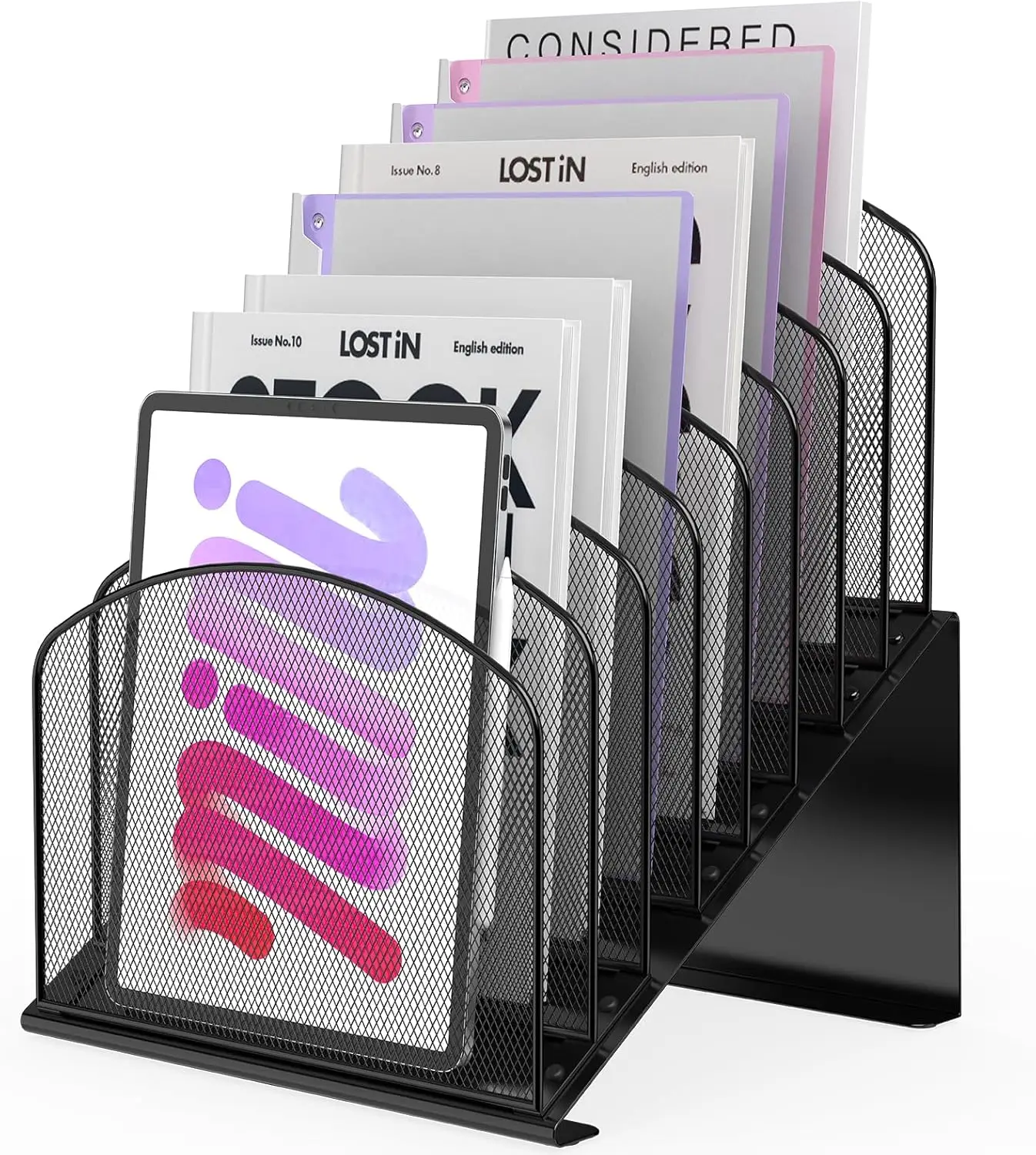 

Metal Desk File Organizer with 8 Vertical Compartments for Office, Home, School - Black