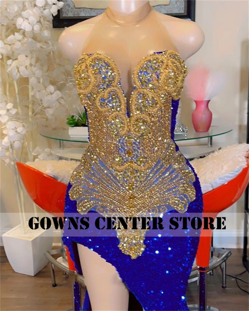 Abito da ballo a sirena con strass blu Halter King Abito da sera da sposa africano per ragazza nera Abito da festa in rete trasparente personalizzato