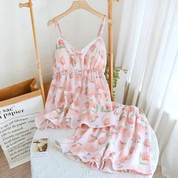 Pajamas Set For Women Spaghetti Strap Top and Shorts Set Cotton Sleepwear Floral Printed Cute Sweet Pajama Suit Nightwear Summer