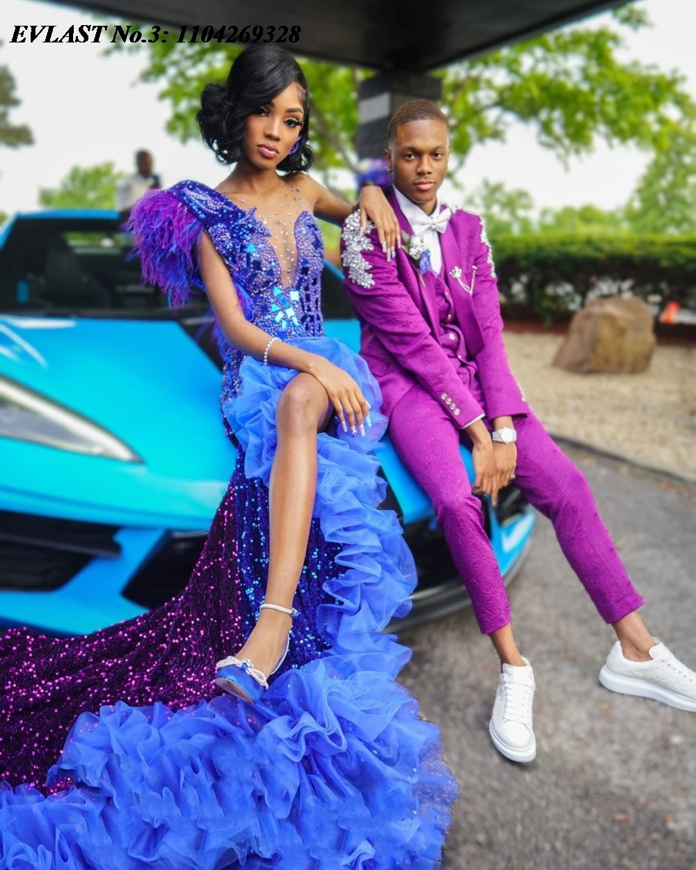 EVLAST 사용자 정의 반짝이 2025 로얄 블루 댄스 파티 드레스 프릴 크리스탈 페르시 흑인 여자 여자 특별 행사 파티 가운 E3P348