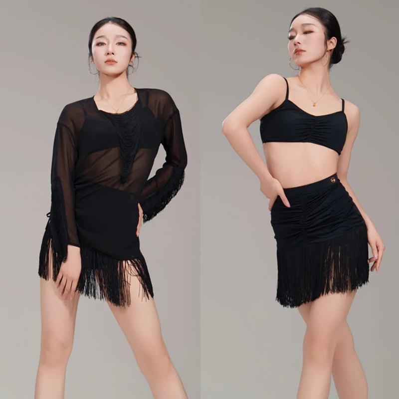

New Women Latin Dance Clothing Sexy Mesh Top Fringed Skirt Adults Samba Chacha Latin Dance Competition Suit Stage Wear SL12248