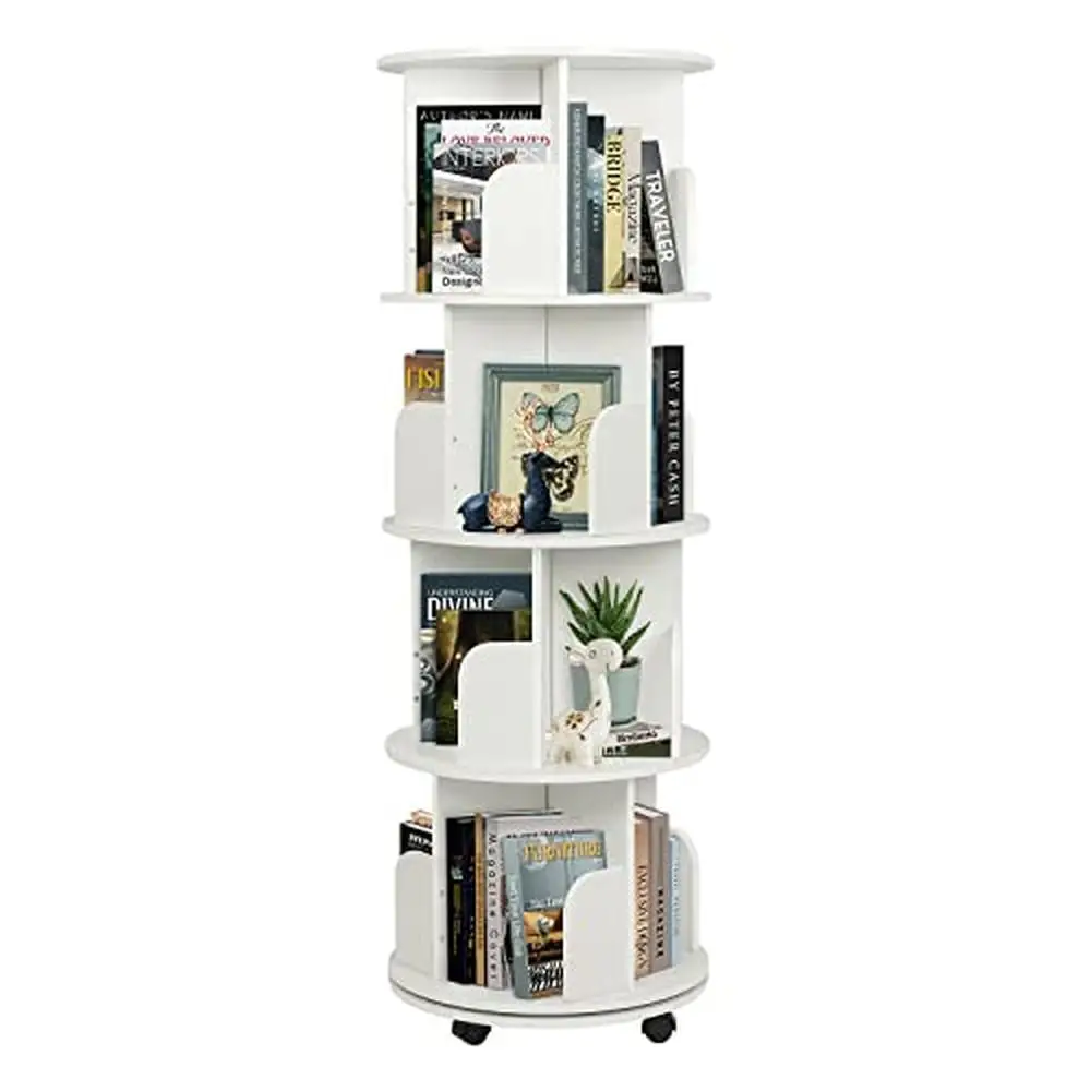 4-stufiges tragbares rotierendes Bücherregal auf Rädern Holzboden stehendes Bücherregal Display Organizer Rack mit Edelstahl-Drehteller