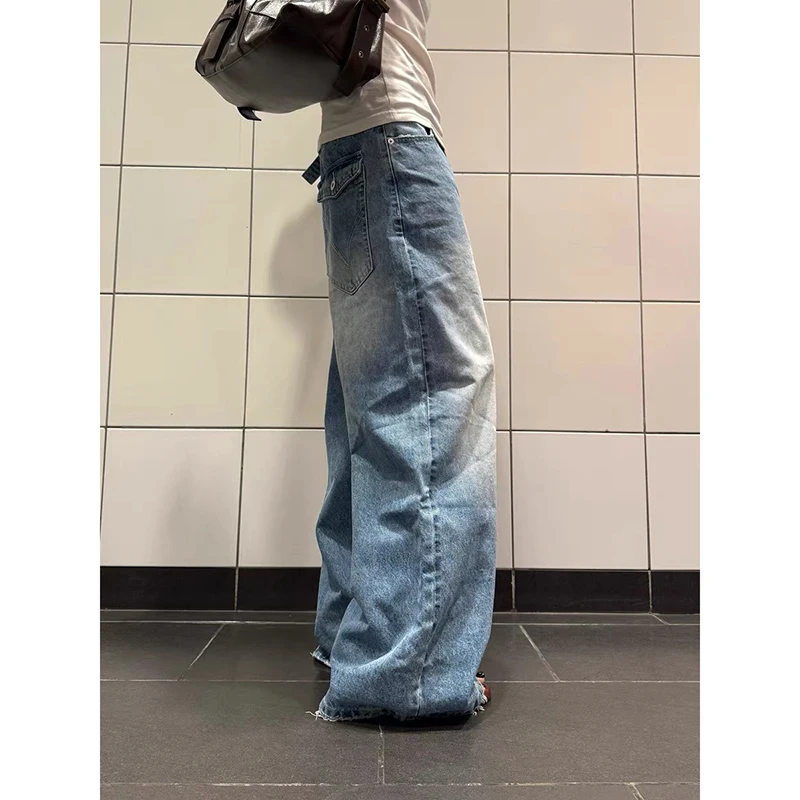 YIBASHU Women Baggy Blue Jeans Y2k Japanese Streetwear Denim Pants Wide Fit American Retro Grunge Hip-pop Harajuku Cowboy 2000s