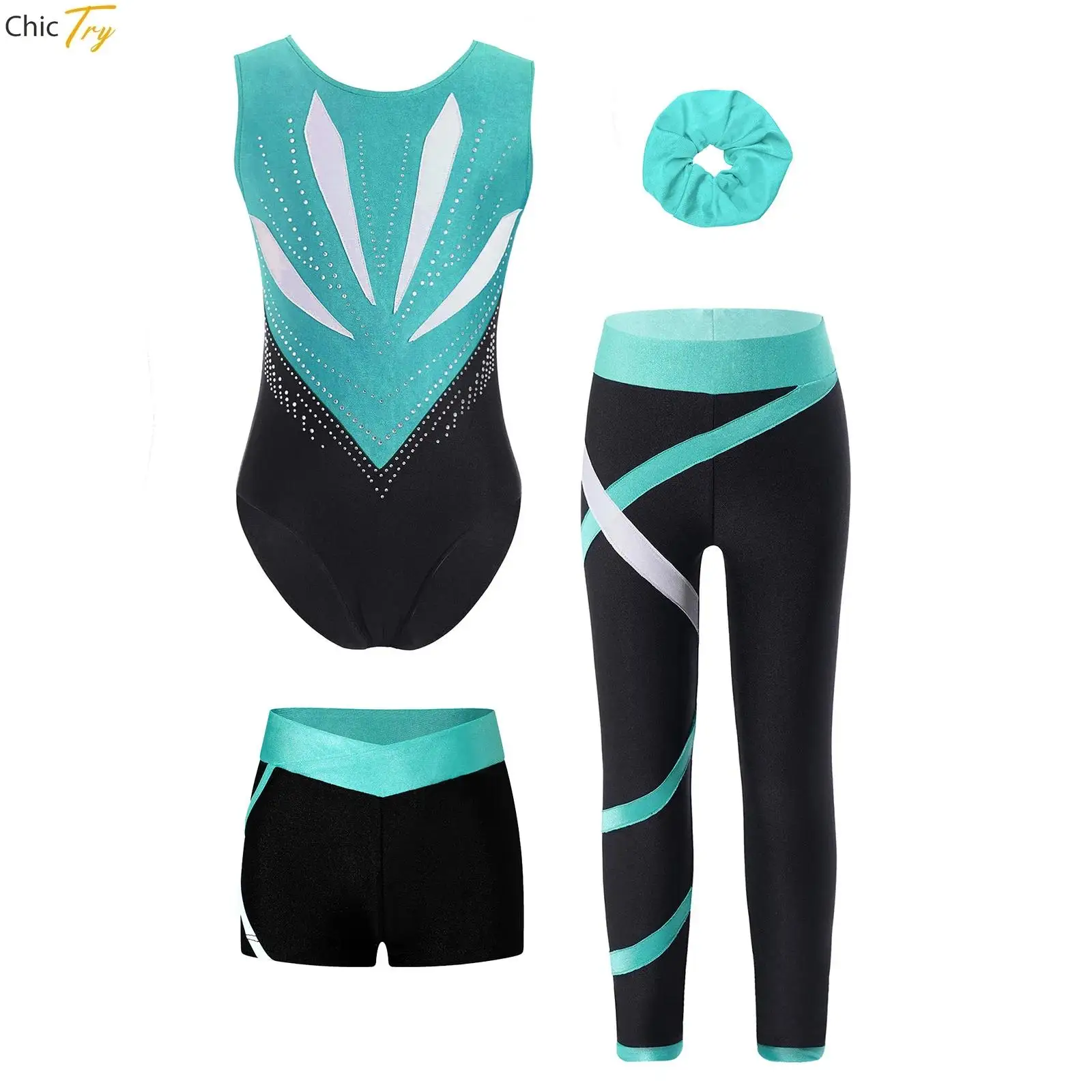 Girls Rhinestones Gymnastics Outfits Sleeveless Leotards with Shorts Leggings Hair Band Set Yoga Ballet Figure Skating Unitards