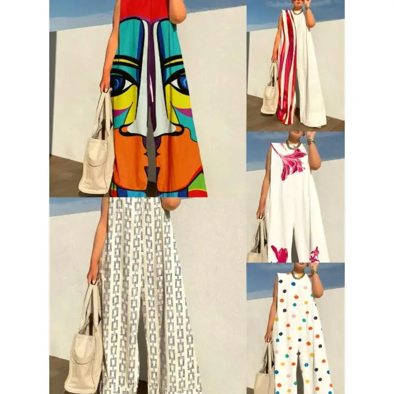 

Повседневный модный комбинезон с широкими штанинами и принтом, с низкой талией, длинные брюки из полиэстера, летний женский костюм 2023