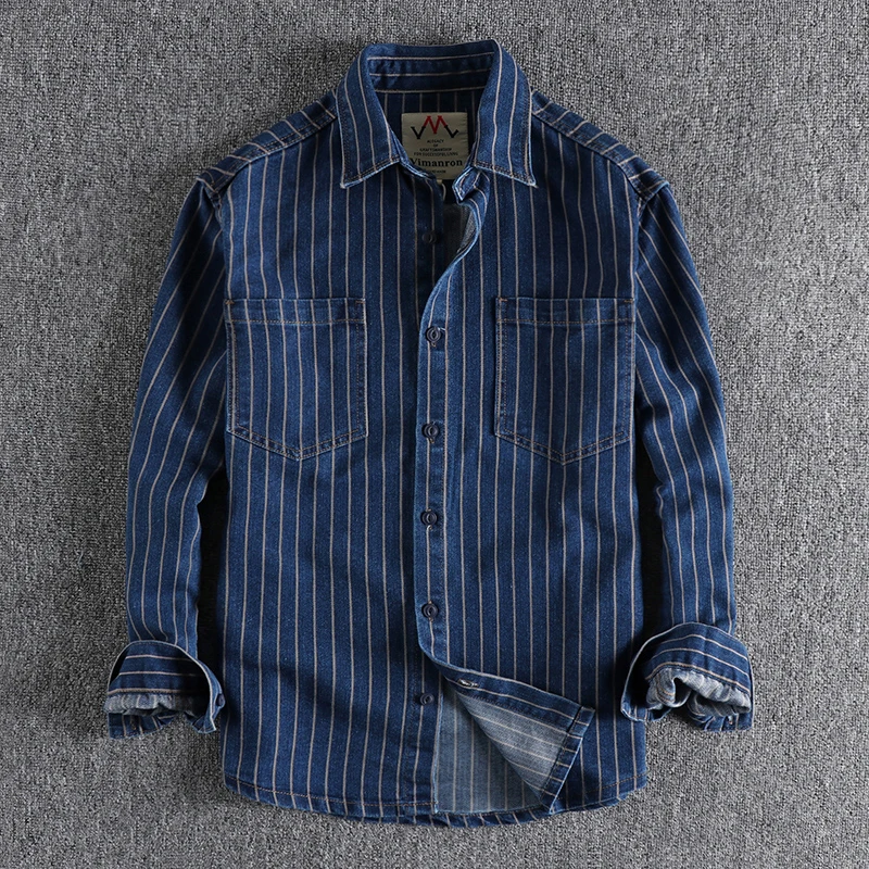 

European and n retro yarn-dyed striped jeans shirt men wash khaki fashion youth loose casual casual thin coat