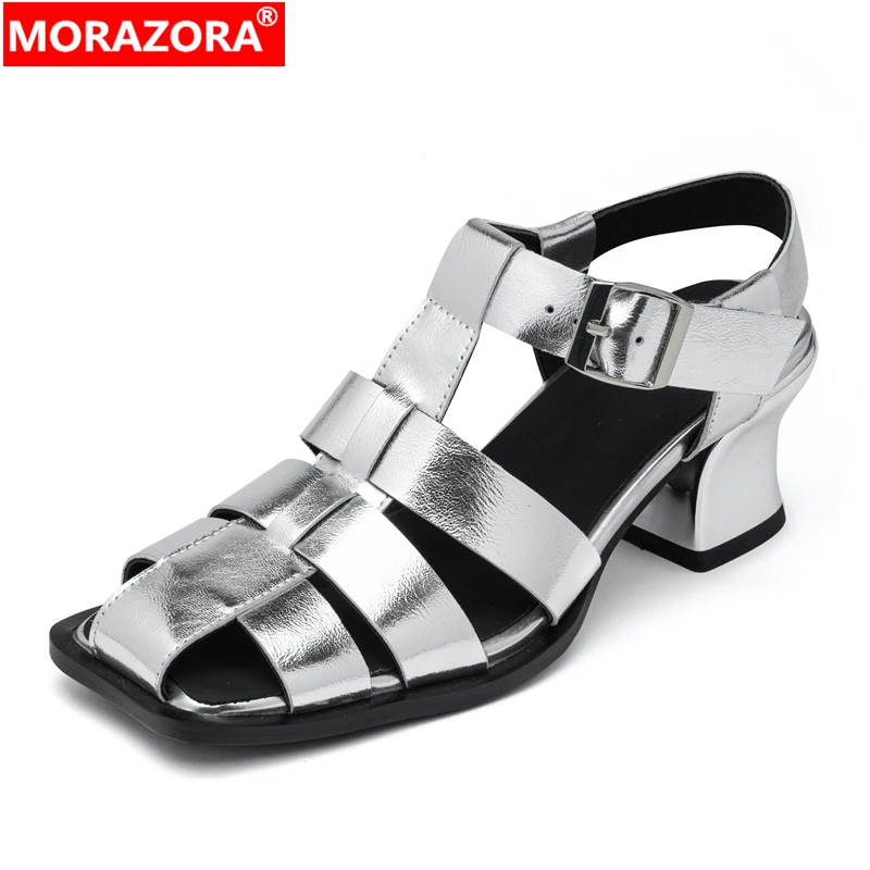 

MORAZORA, серебристо-черные сандалии из натуральной кожи, женская обувь, сандалии на высоком каблуке с пряжкой, летние современные сандалии, вечерние модельные туфли