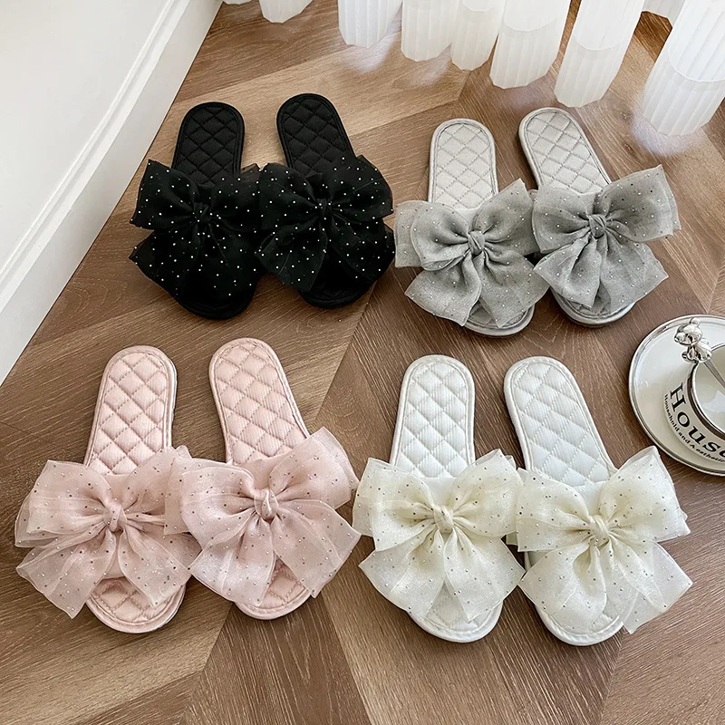Kids'Casual Sandals Sparkling Diamond Organza Bow Slippers Summer Fashion Outdoor Girls Anti-slip Black Silver Shoes Size 35-40