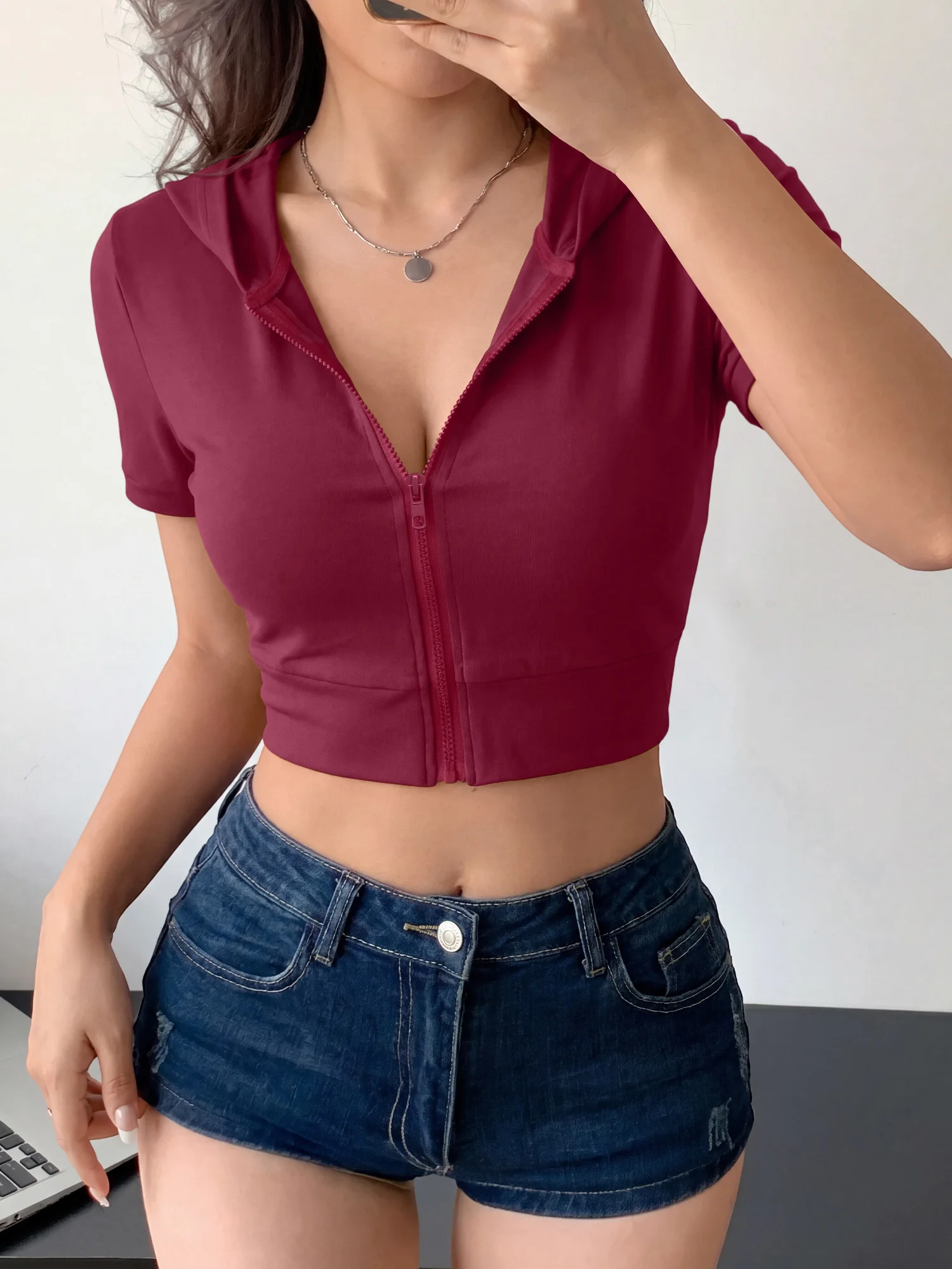 Women Y2K Spicy Girl Full Zip Short Sleeve Cropped Hoodie Slim Solid Color Street Workout Hooded Crop Top