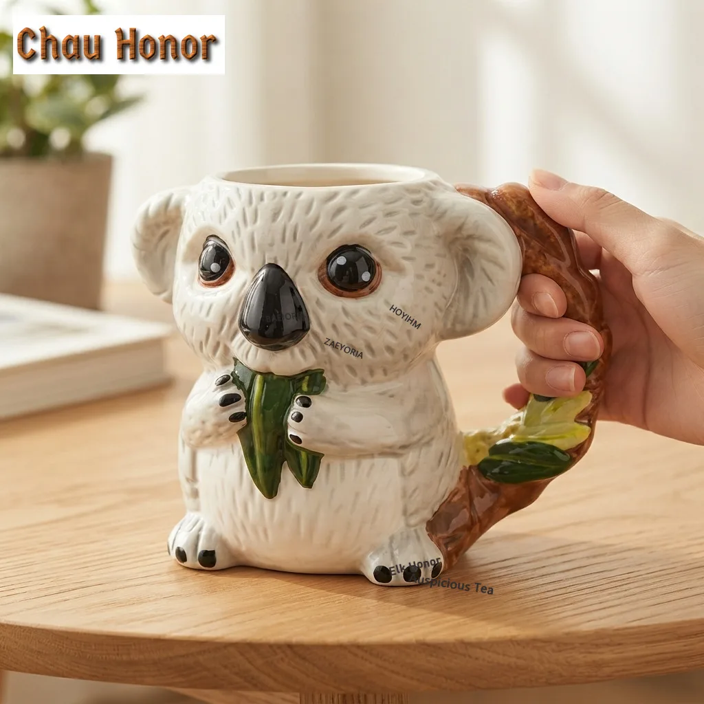 ZAEYORIA 520ml Colored Drawing Hand-Painted Cute 3D Koala Mug Creative Cartoon Khao Lak Ceramic Coffee Cup For Child Xmas Gifts