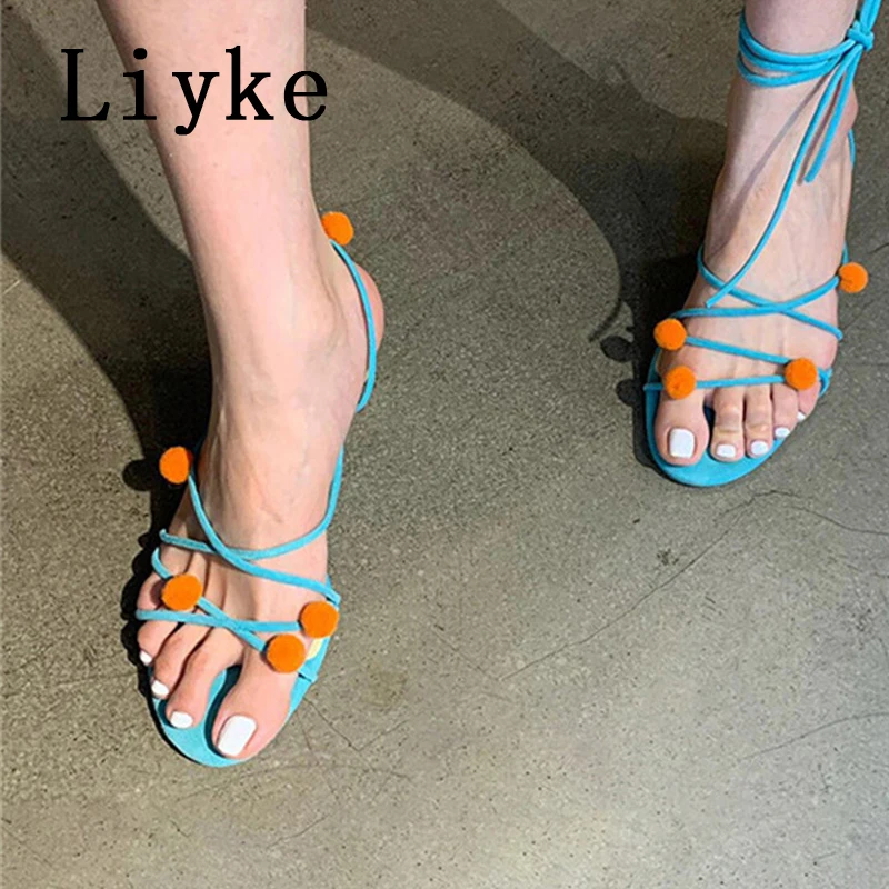 

Liyke/летние сандалии-гладиаторы, женские модные туфли с узким ремешком и открытым носком, на низком круглом каблуке с ремешком сзади, Sandalias De Mujer