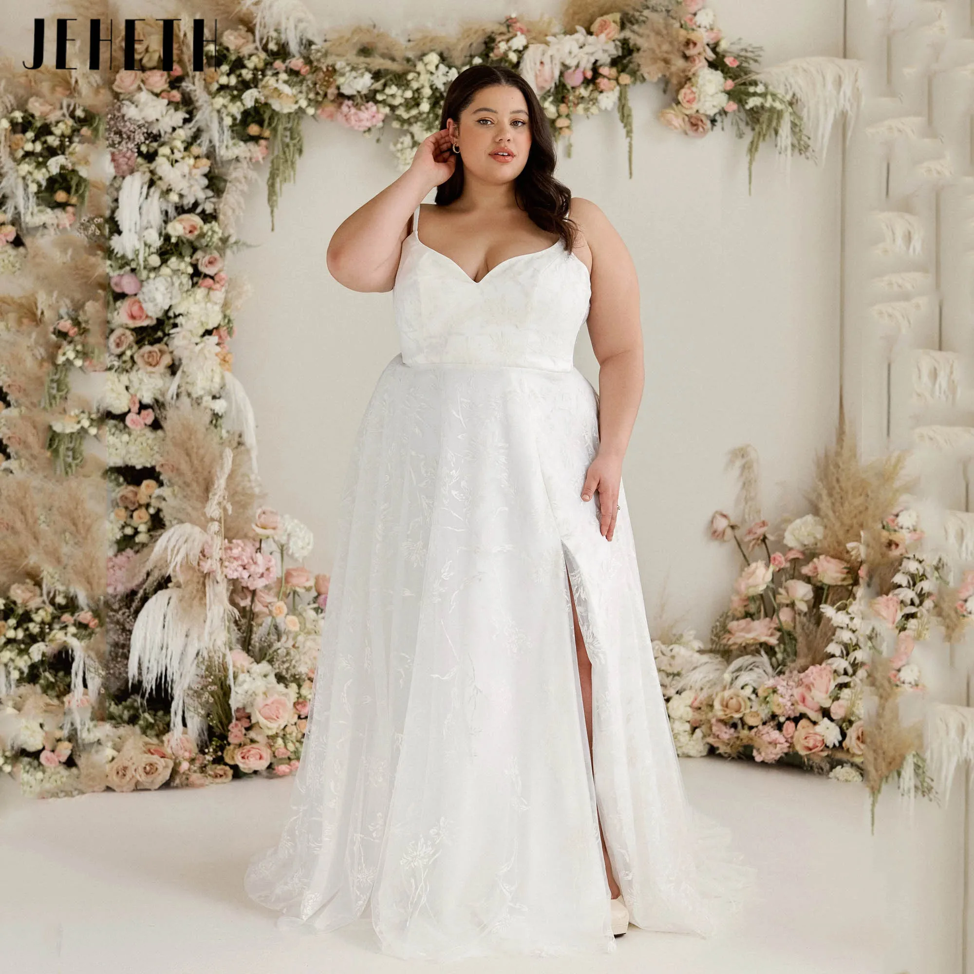 JEHETH V-neck Lace Wedding Dress With Removable Puff Sleeves Bridal Gowns Plus Size V-neck Backless свадебное плат