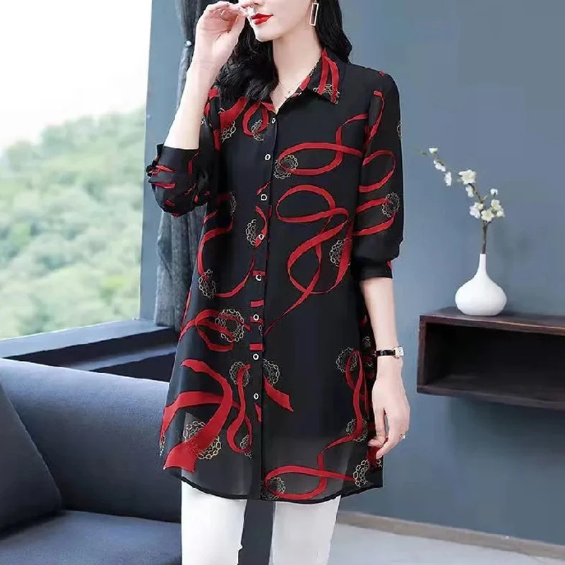 Women\'s Korean Fashion Print Oversized Button Up Shirt Vintage Elegant Lapel Long Sleeve Blouse Spring Autumn Casual Tunic Tops