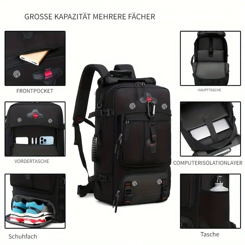 Large Capacity Travel Backpack, 40L Large Backpack, Durable Convertible Luggage Bag, Suitable for 17 Inch Laptops, with Shoe Com