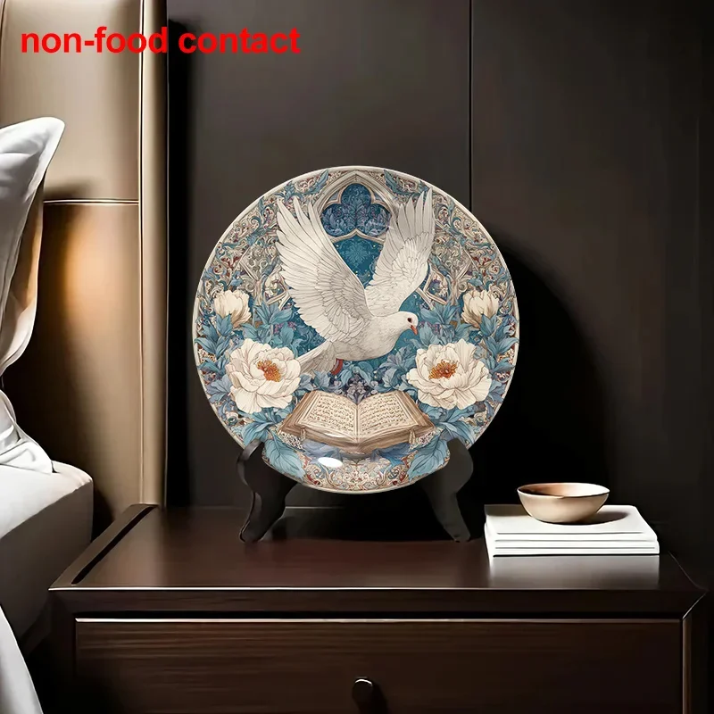 1pc Vintage Floral & Dove Wall Hanging - Elegant Blue, White, Golden, or Brownish-Golden Ceramic Decorative Plate - Non-Food