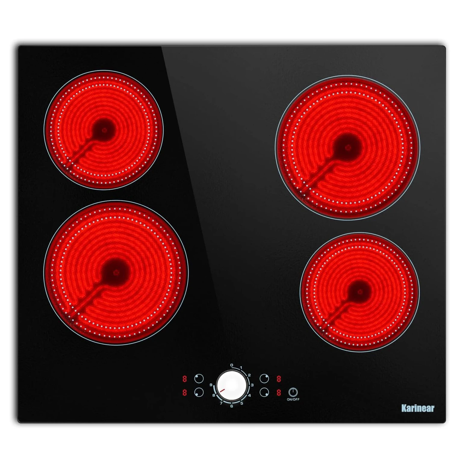 Karinear 24 Inch Electric Cooktop 4 Burners Ceramic Stove Top, 220-240v Built-in 60cm, Knob Control, 9 Power Levels, No Plug