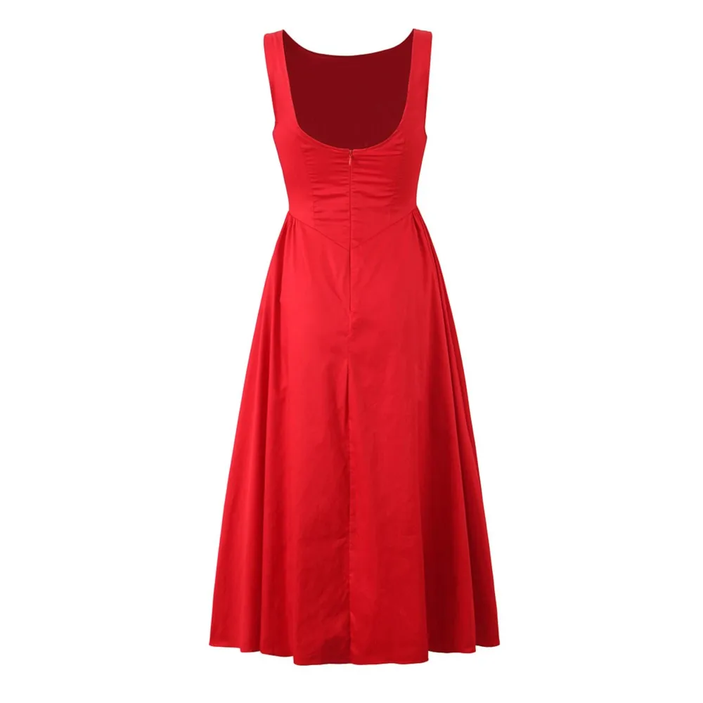 Sexy Round Collar Back U Low Waist Midi Tank Dress Christmas Women Backless Pleated Swing A-line Party Robe Red White Black