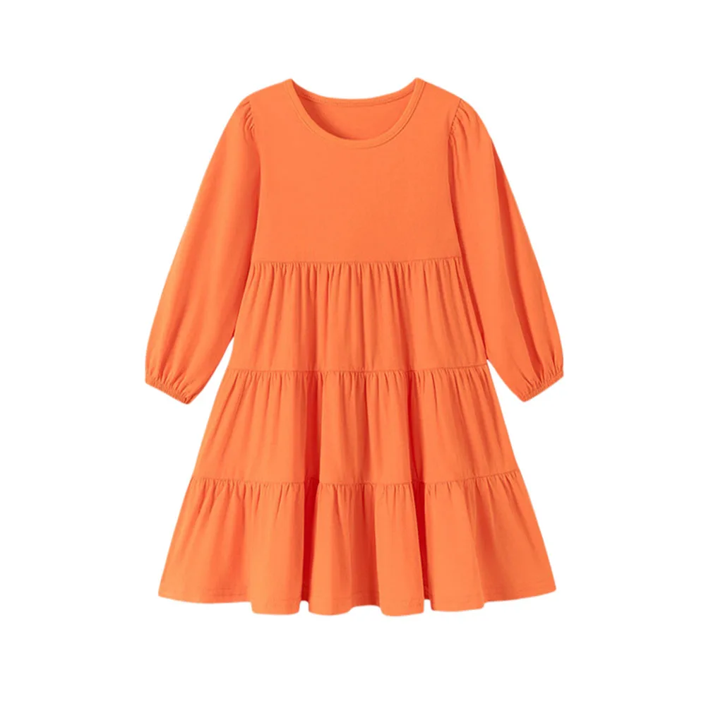 Girls Long Sleeve O-neck Solid Dress Toddler Frocks 2-7T Autumn Spring Plain Kids Fashion Birthday Gift