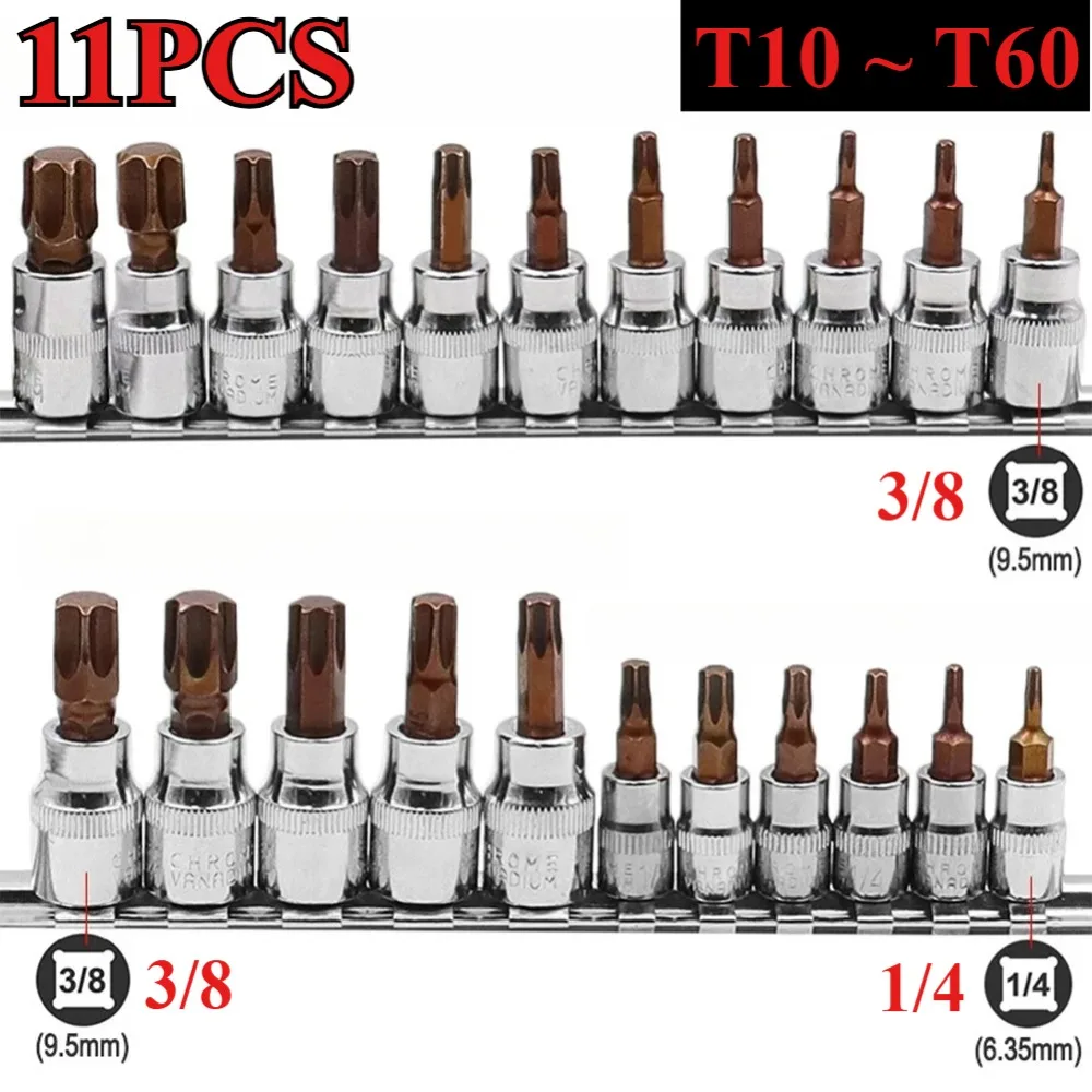 11Pcs Drive Socket Set Torx Screwdriver Bits 3/8 1/4inch Wrench Socket Adapter T10 T15 T20 T25 T27 T30 T40 T45 T50 T55 T60
