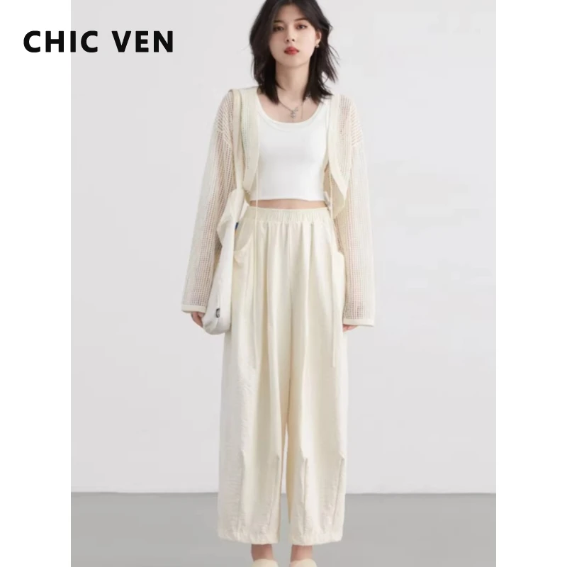 

Модные женские белые брюки CHIC VEN: однотонные, повседневные, с эластичным поясом, высокой талией, плиссированные, широкие штанины, летние, 2026