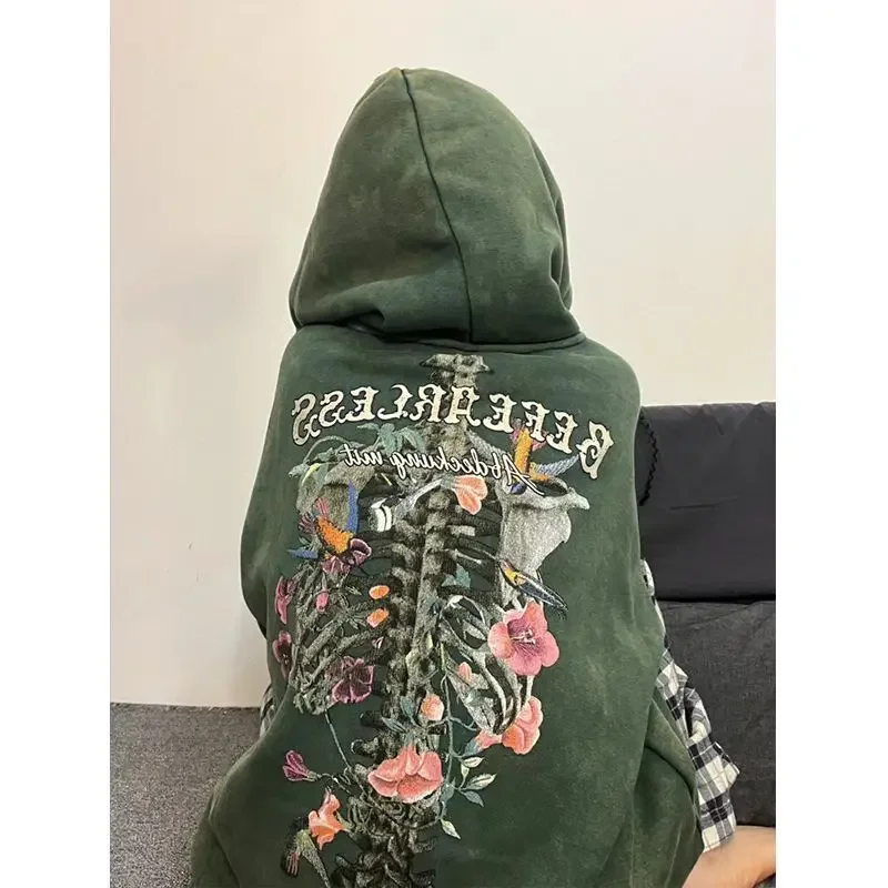 New American Street Skeleton Flower Print Hooded Sweater Women's Fall and Winter Padded Loose Versatile Tops Jacket Y2k Hoodies