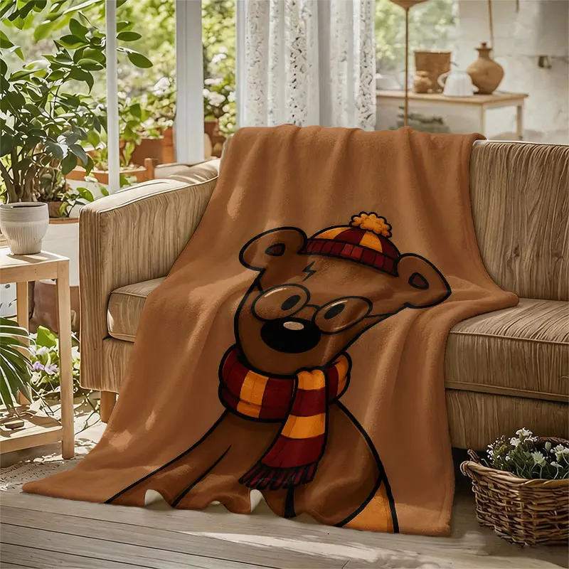 Bear Wizard Scarf Brown Flannel Blanket Perfect for Sofa Office Bed Travel Sleep Read Relax Camping Four Season Use