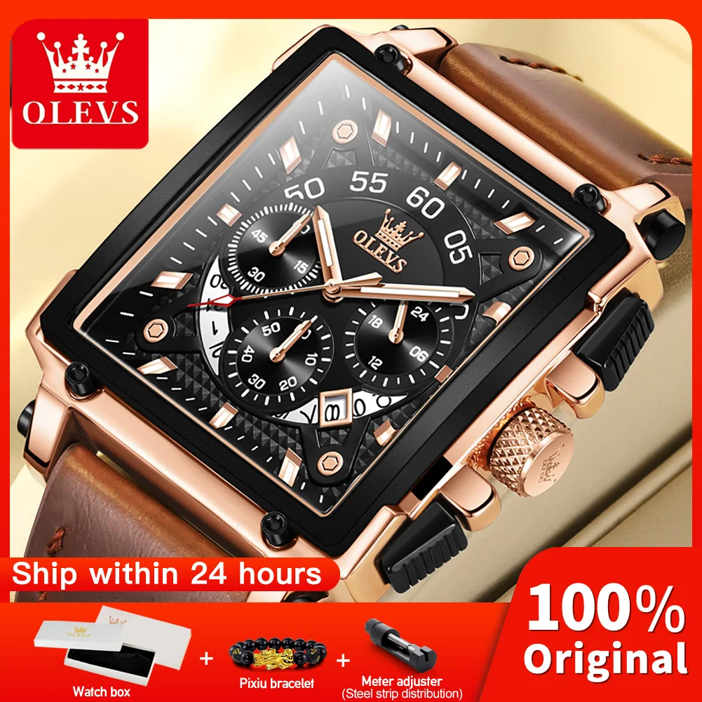 OLEVS 9919 Herrenuhr Top-Marke Quadratische Quarzuhr für Männer Wasserdicht Lederarmband Multifunktionaler Chronograph Reloj
