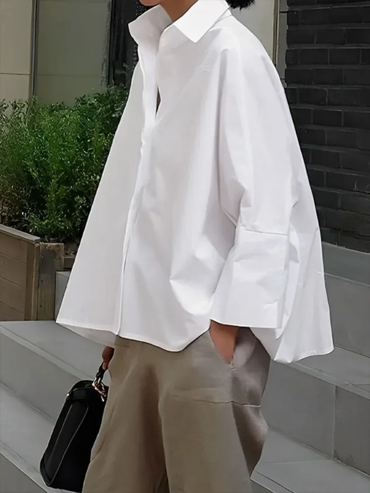 Freeacy White Black Solid Color Shirt for Women Cotton Blended Lapel Long Sleeves Loose Fit Blouse 2026 Summer Buttoned T-shirt
