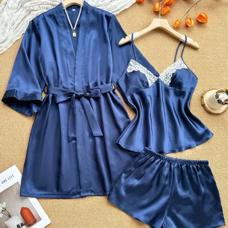 

Silky Satin 3 Piece Pajamas Suit Kimono Bath Robe Gown Loose Casual Women's Sleepwear Sexy Lace Strap Top&Shorts Pyjama Homewear