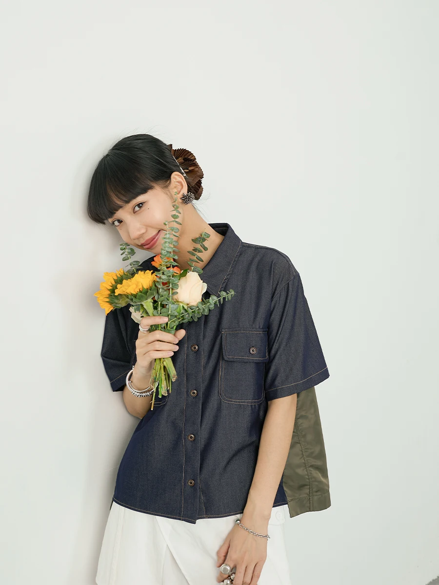 

Джинсовая рубашка Inkday в японском стиле, легкая, в стиле ретро, с коротким рукавом, пэчворк, женская, повседневная, универсальная, весенне-летняя, верхняя одежда