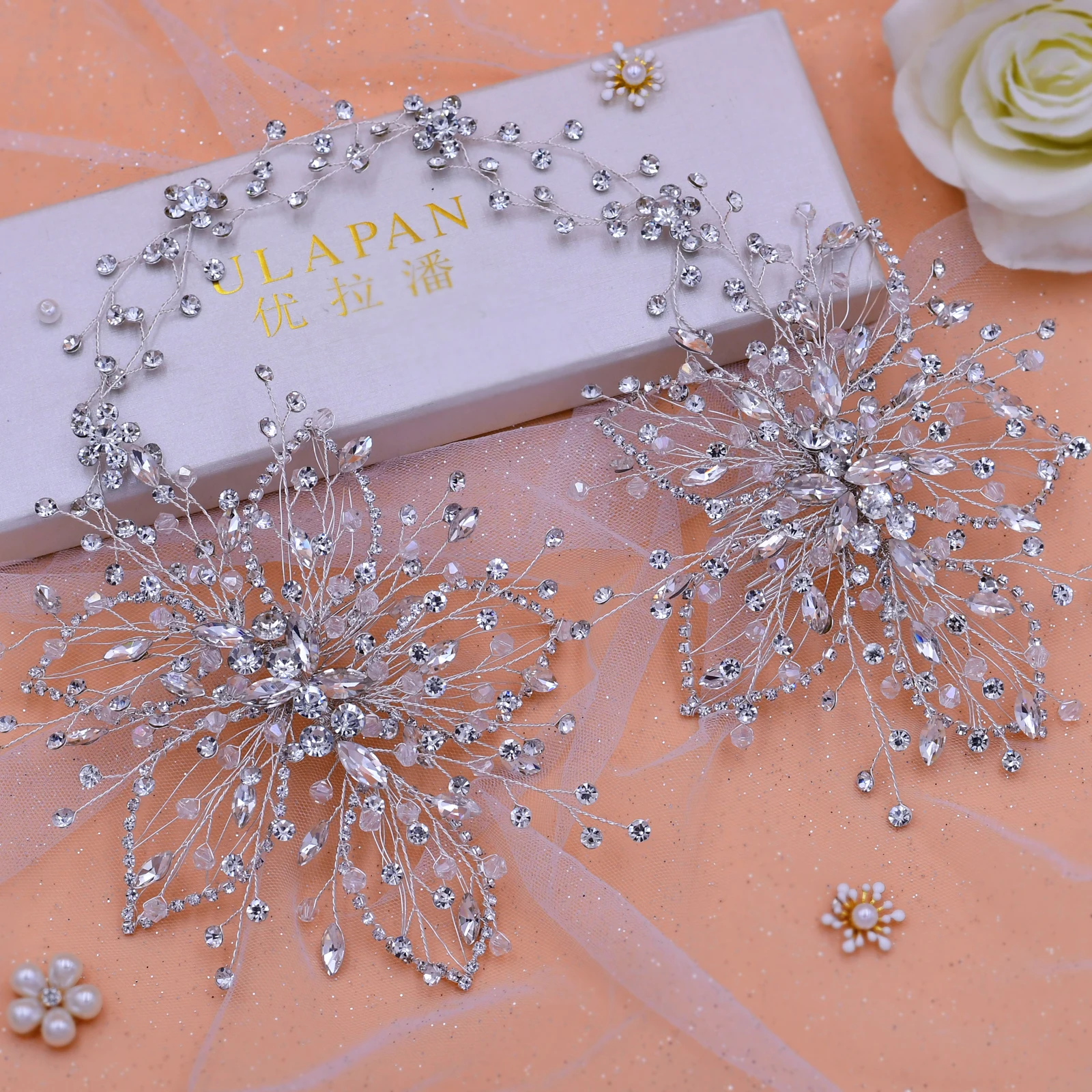 Diadema de flores con diamantes de imitación para boda, diadema con peines para el pelo, Aro para el pelo de cristal ostentoso para novias, pieza Original para la cabeza, joyería nupcial